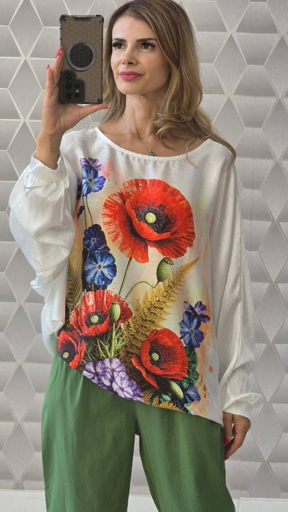 Bluza satin Floralia cu maneca lunga