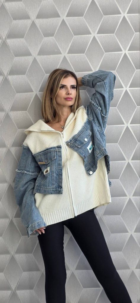 Jacheta tricotata cu insertii din jeans Allure